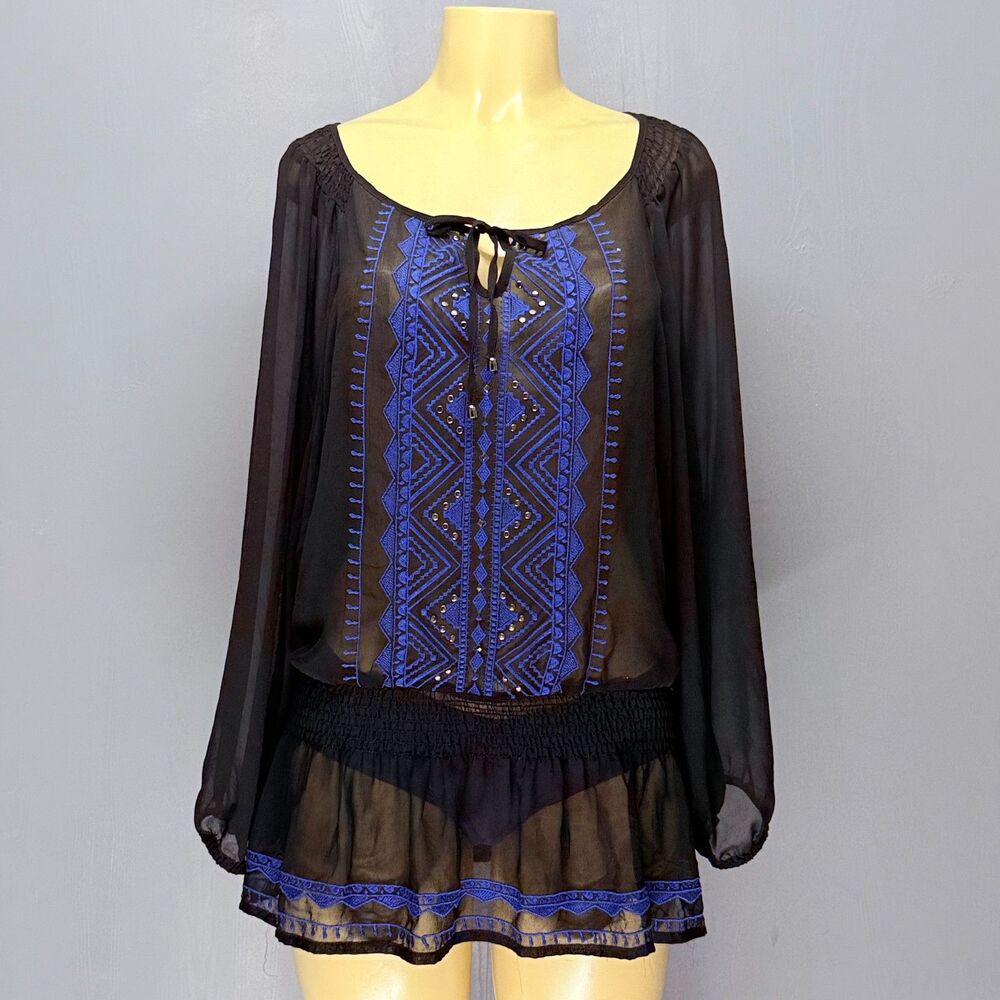 Faith 21 Black Sheer Blue Embroidered Silver Studs Tunic Blouse 1X